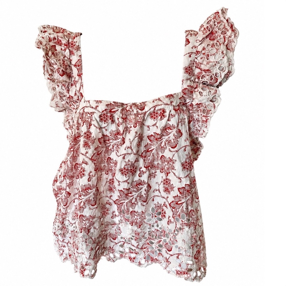 Rachel Ashwell Red White Toile Eyelet Ruffle Cotton Tank Top Size Large